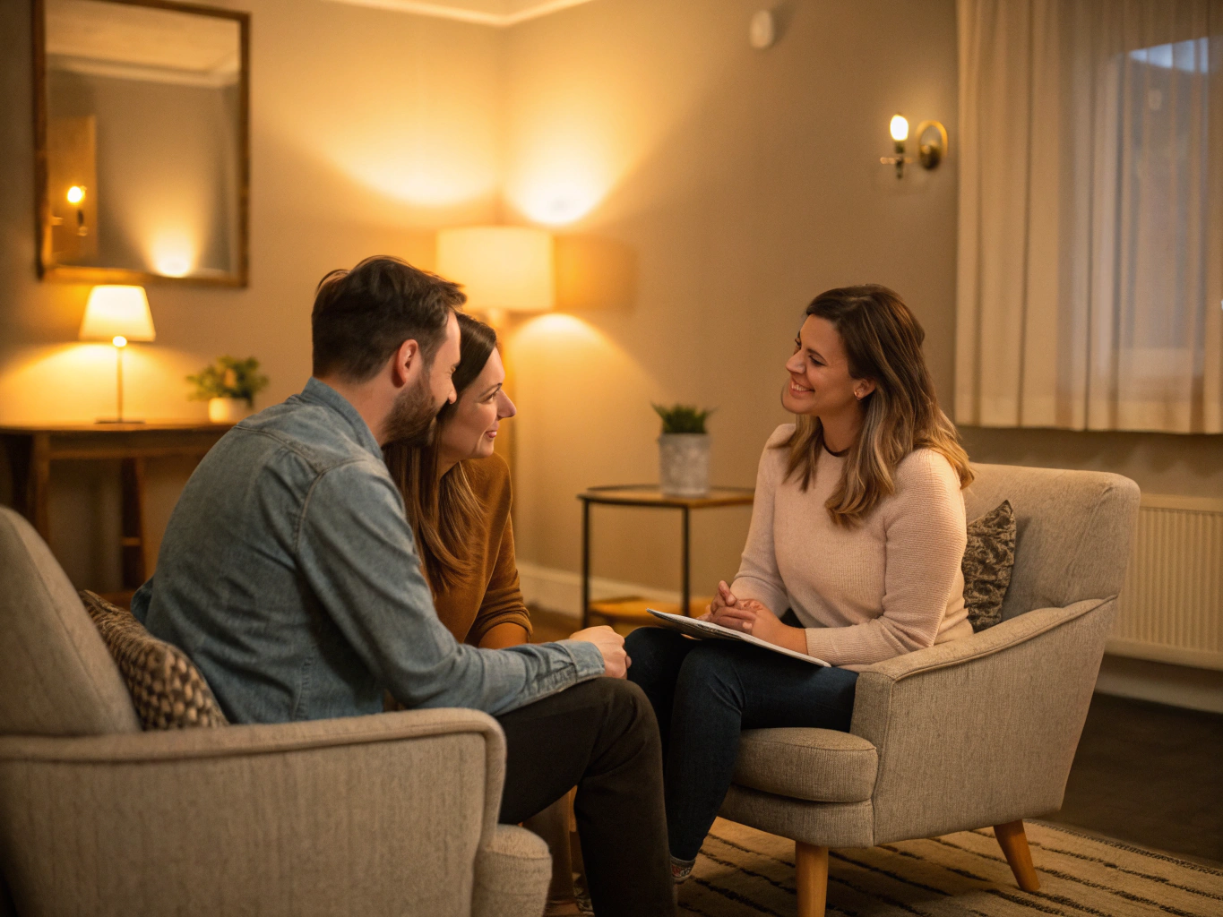 Couple talking in a comfortable therapy setting