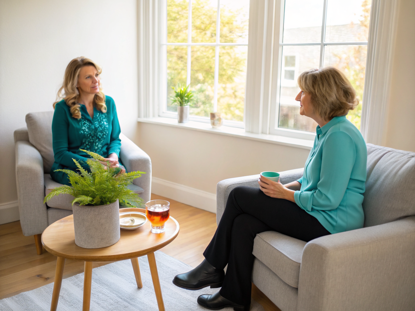 Warm, sunlit therapeutic office space for individual and couples counseling